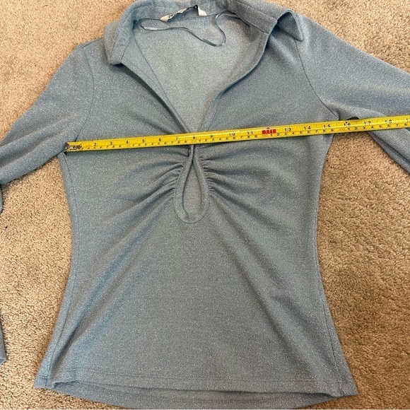 Zara light blue shimmer metallic glitter long sleeve keyhole collared blouse top - Picture 14 of 16